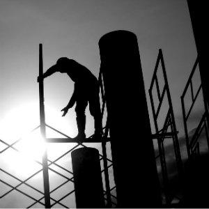 construction worker elevated black and white
